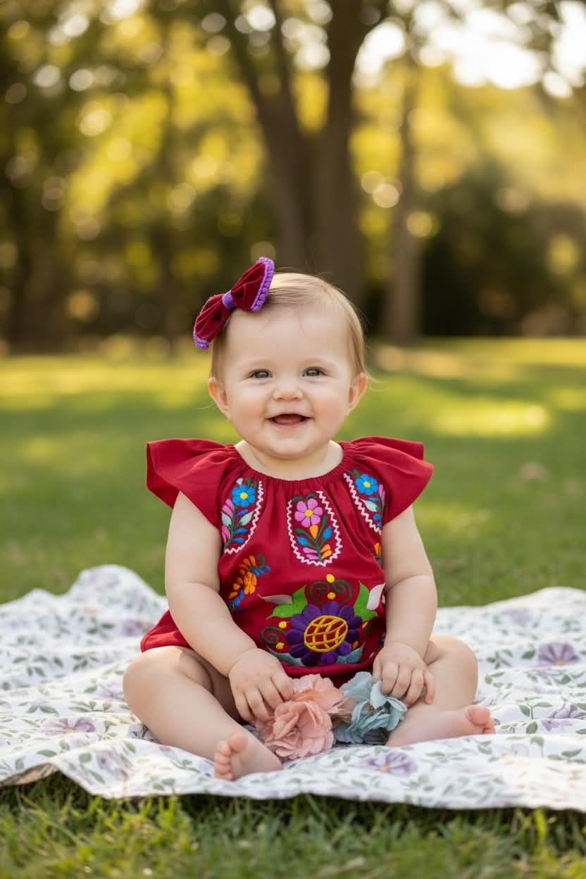 Floral Mexican Embroidered Baby Girl Onesie with Bow set