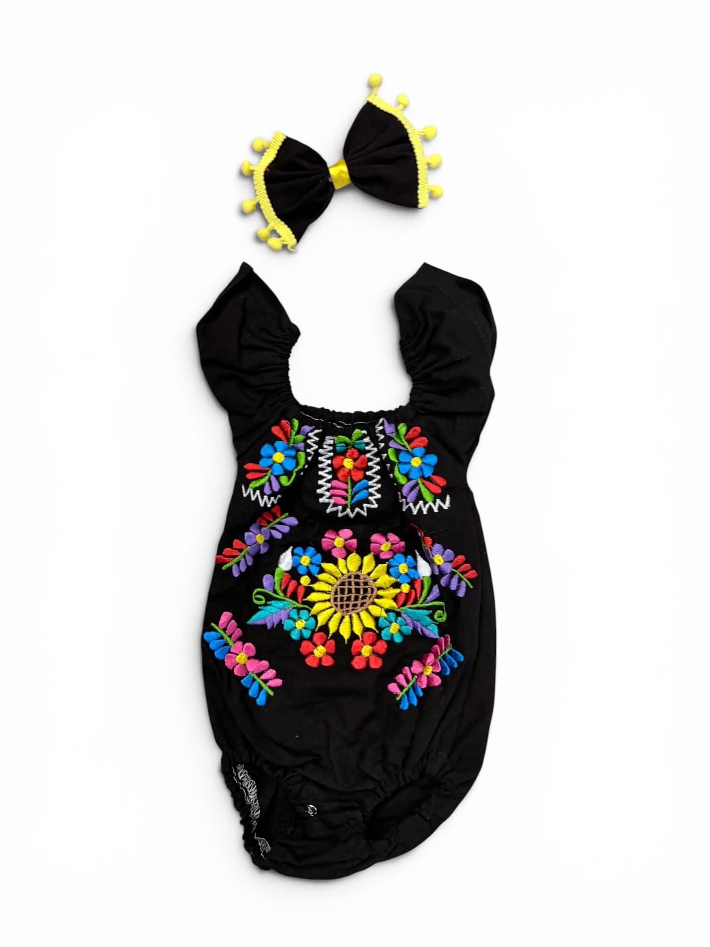 Floral Mexican Embroidered Baby Girl Onesie with Bow set