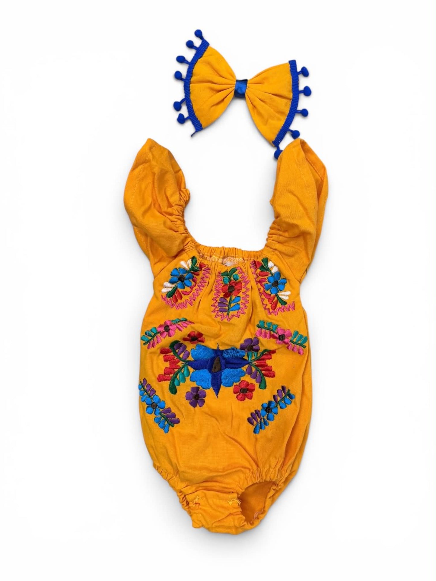 Floral Mexican Embroidered Baby Girl Onesie with Bow set