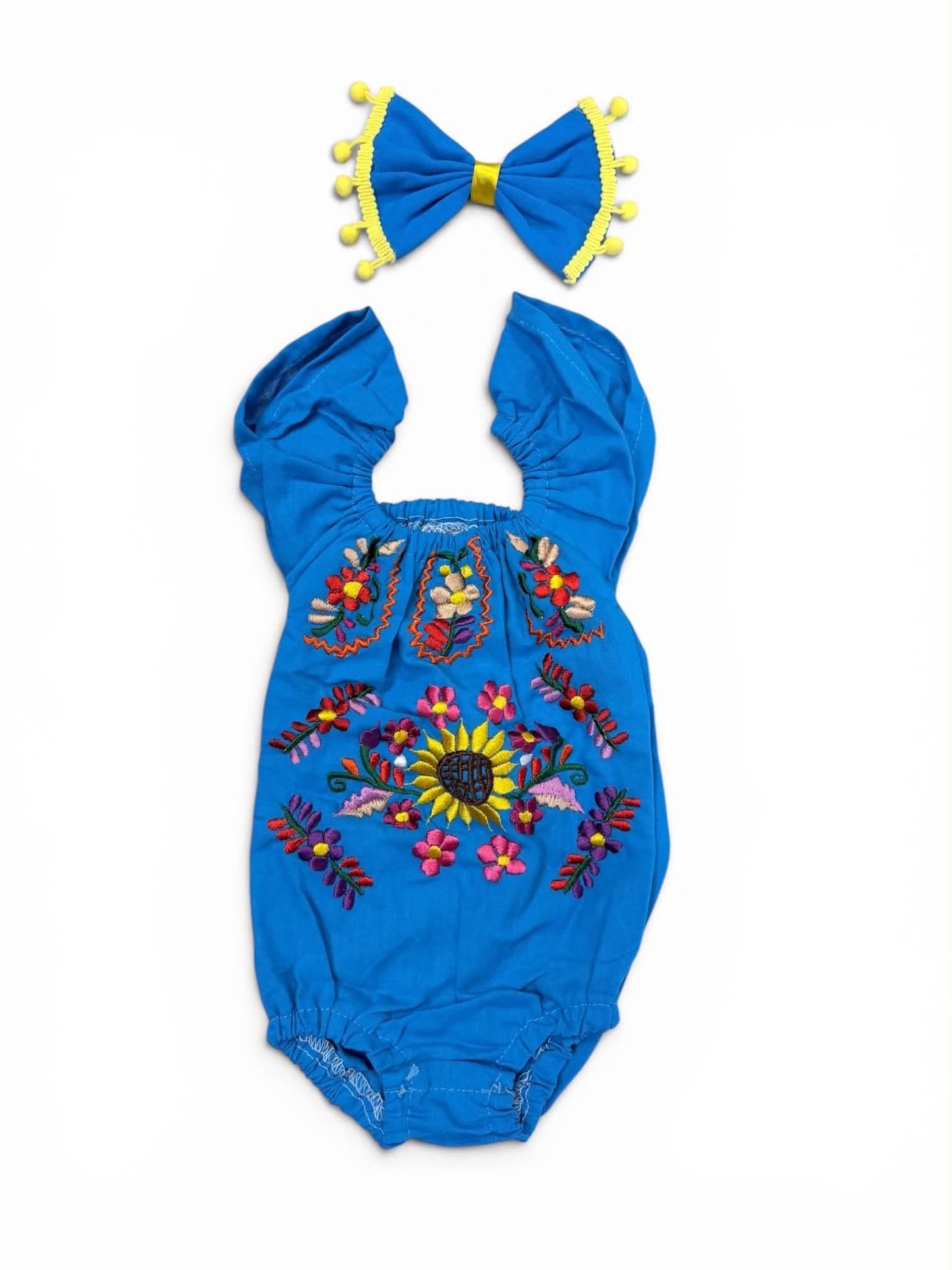 Floral Mexican Embroidered Baby Girl Onesie with Bow set