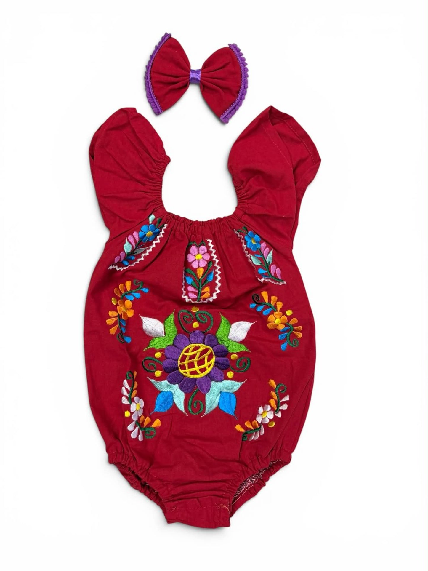 Floral Mexican Embroidered Baby Girl Onesie with Bow set