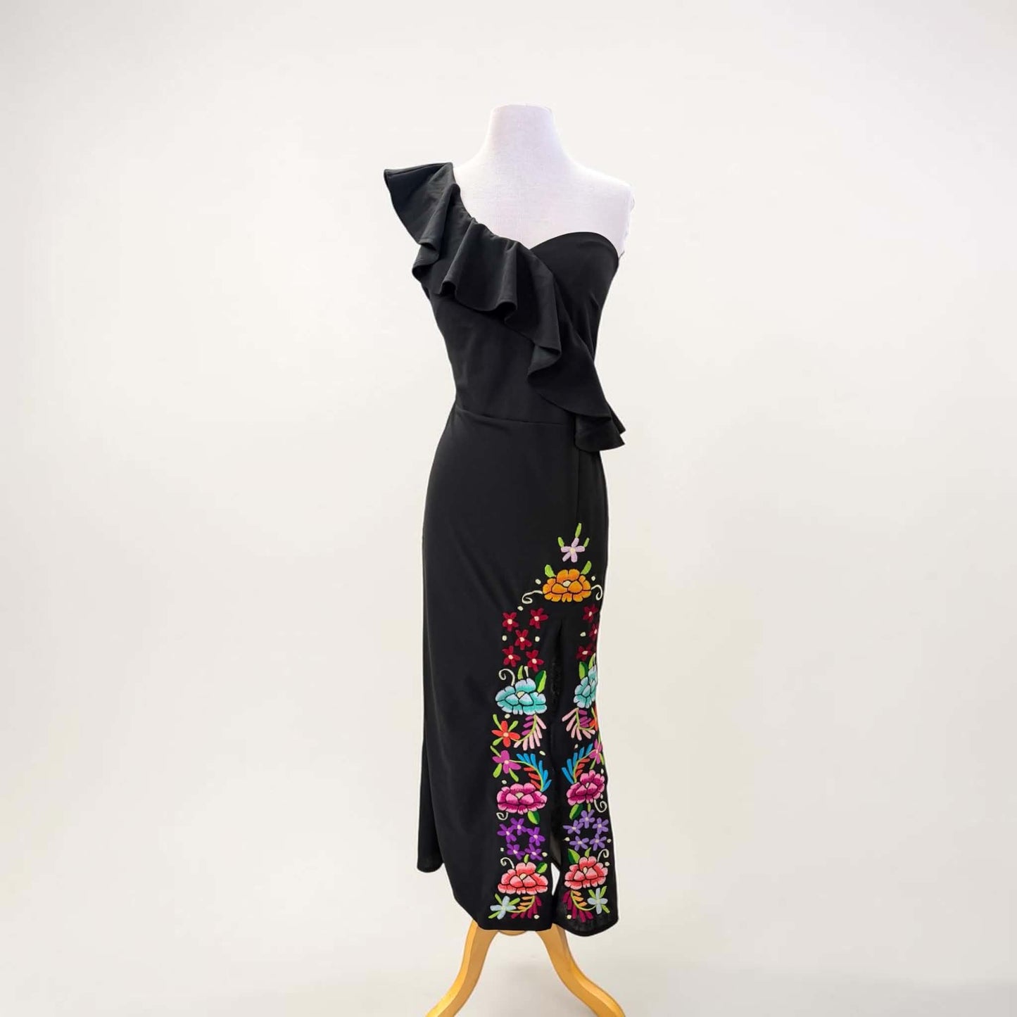 Floral Embroidered One Sleeve, Leg Slit, Elegant Mexican Dress