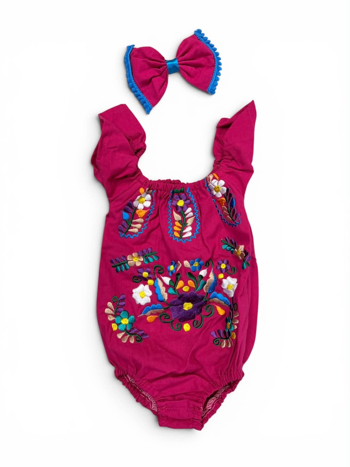 Floral Mexican Embroidered Baby Girl Onesie with Bow set