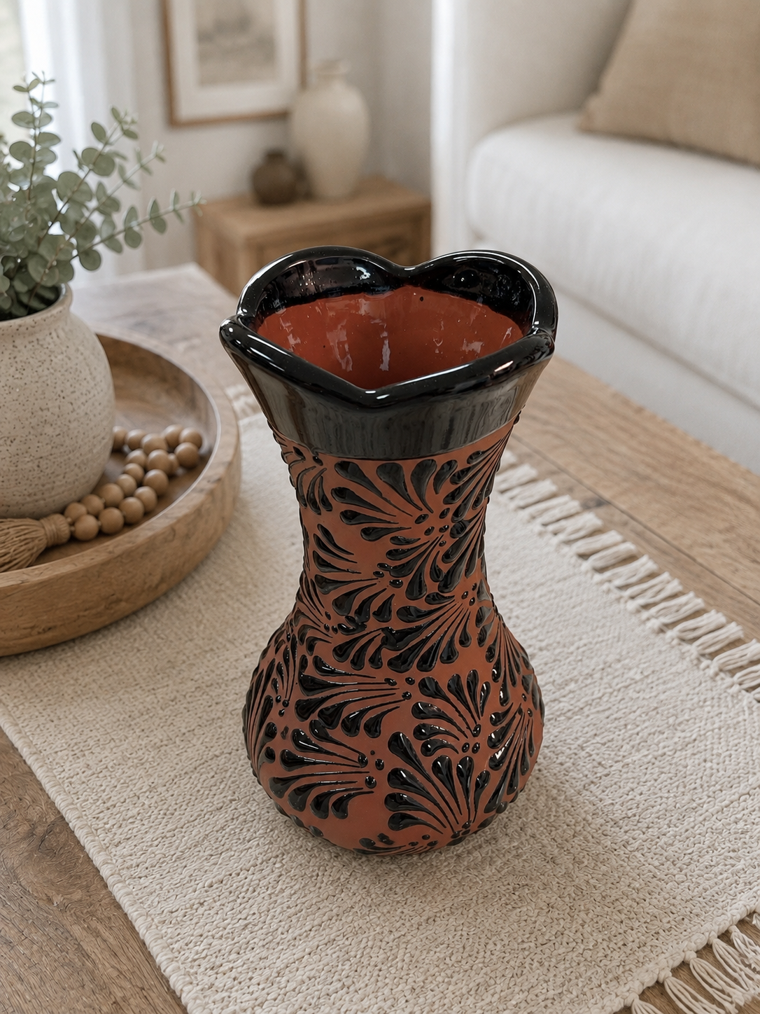 Mexican Pottery Flower  Vase, Florero Engobe, Barro Vase