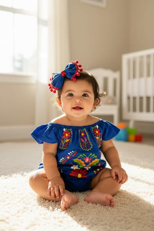 Floral Mexican Embroidered Baby Girl Onesie with Bow set