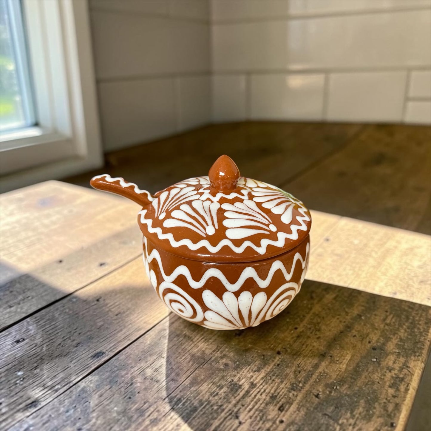 Handcrafted Terracotta Salsa Bowl with Spoon; Salsera Con Tapa y Cuchara