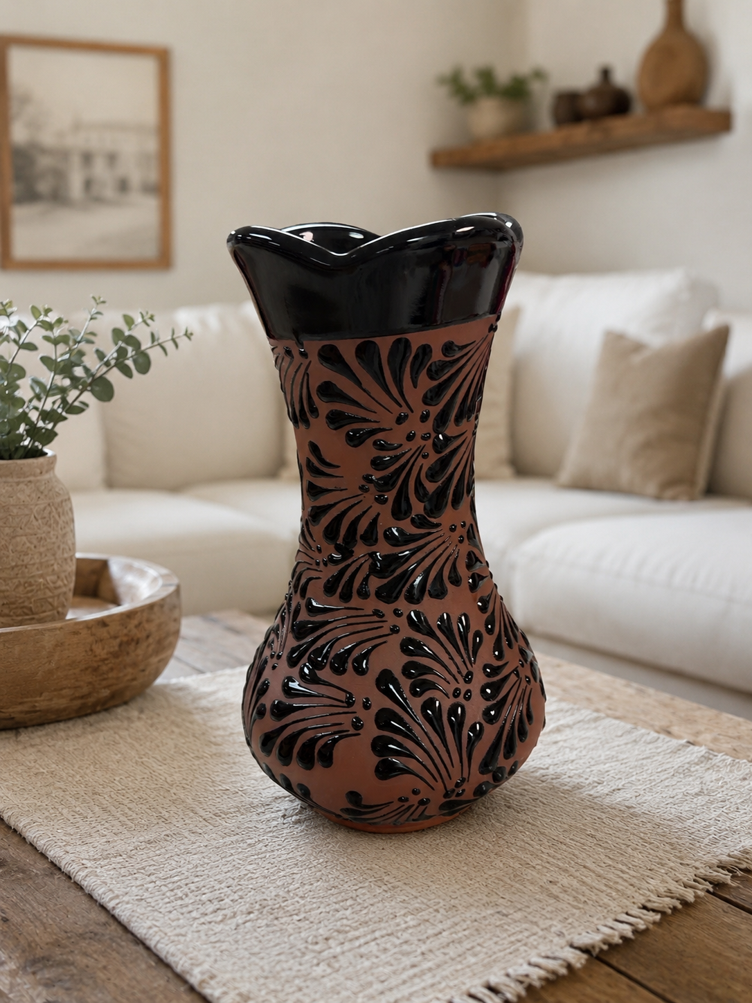 Mexican Pottery Flower  Vase, Florero Engobe, Barro Vase