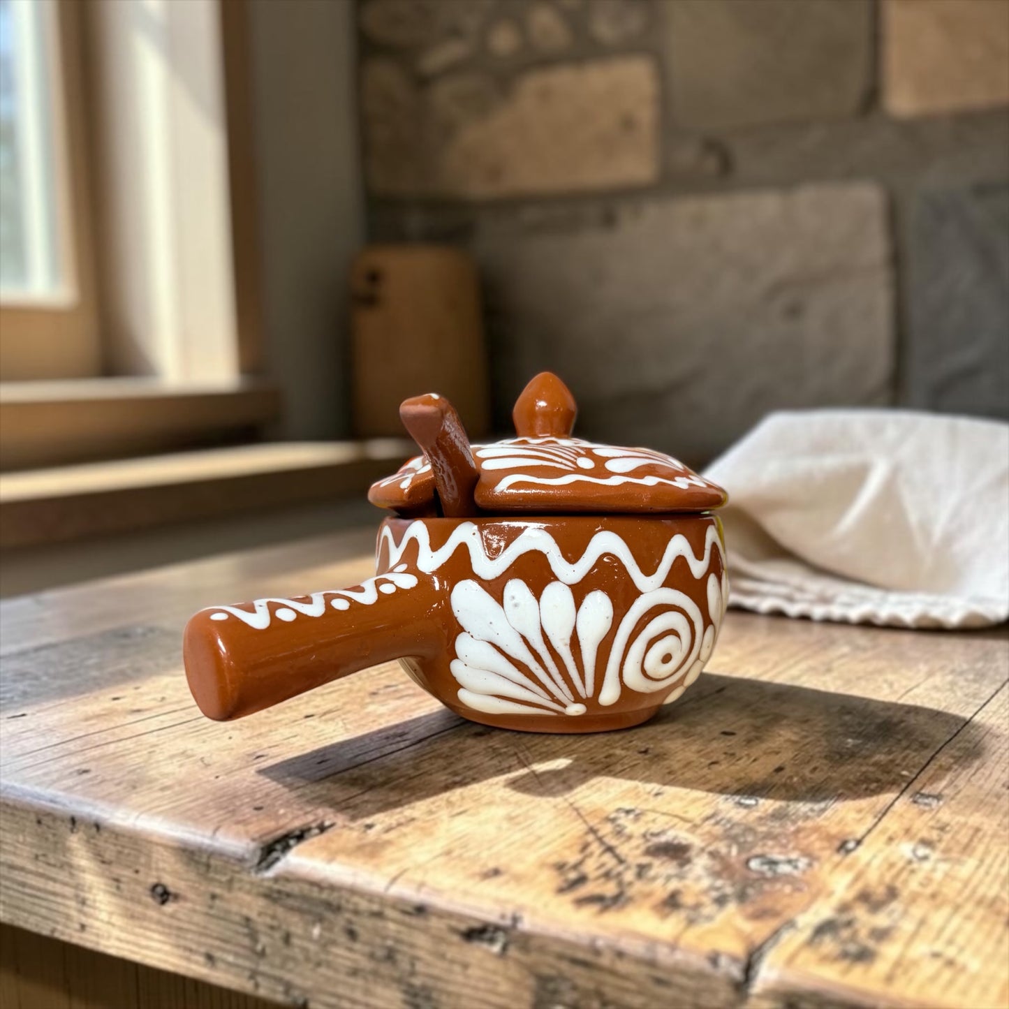 Handcrafted Terracotta Salsa Bowl with Spoon; Salsera Con Tapa y Cuchara
