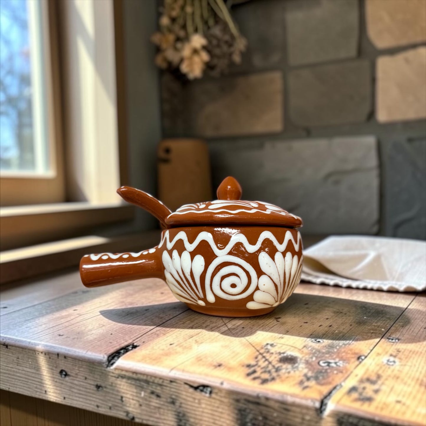 Handcrafted Terracotta Salsa Bowl with Spoon; Salsera Con Tapa y Cuchara