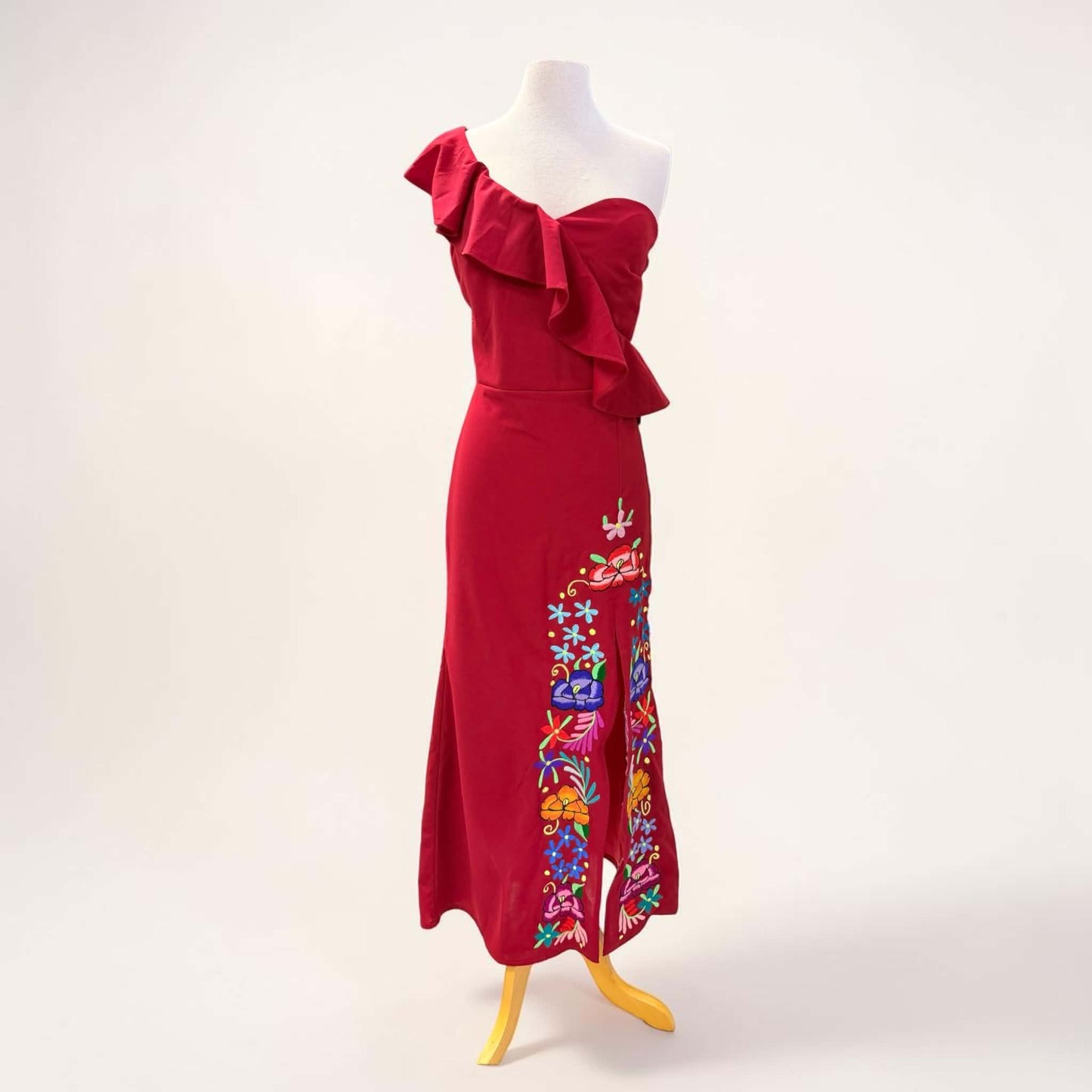 Floral Embroidered One Sleeve, Leg Slit, Elegant Mexican Dress