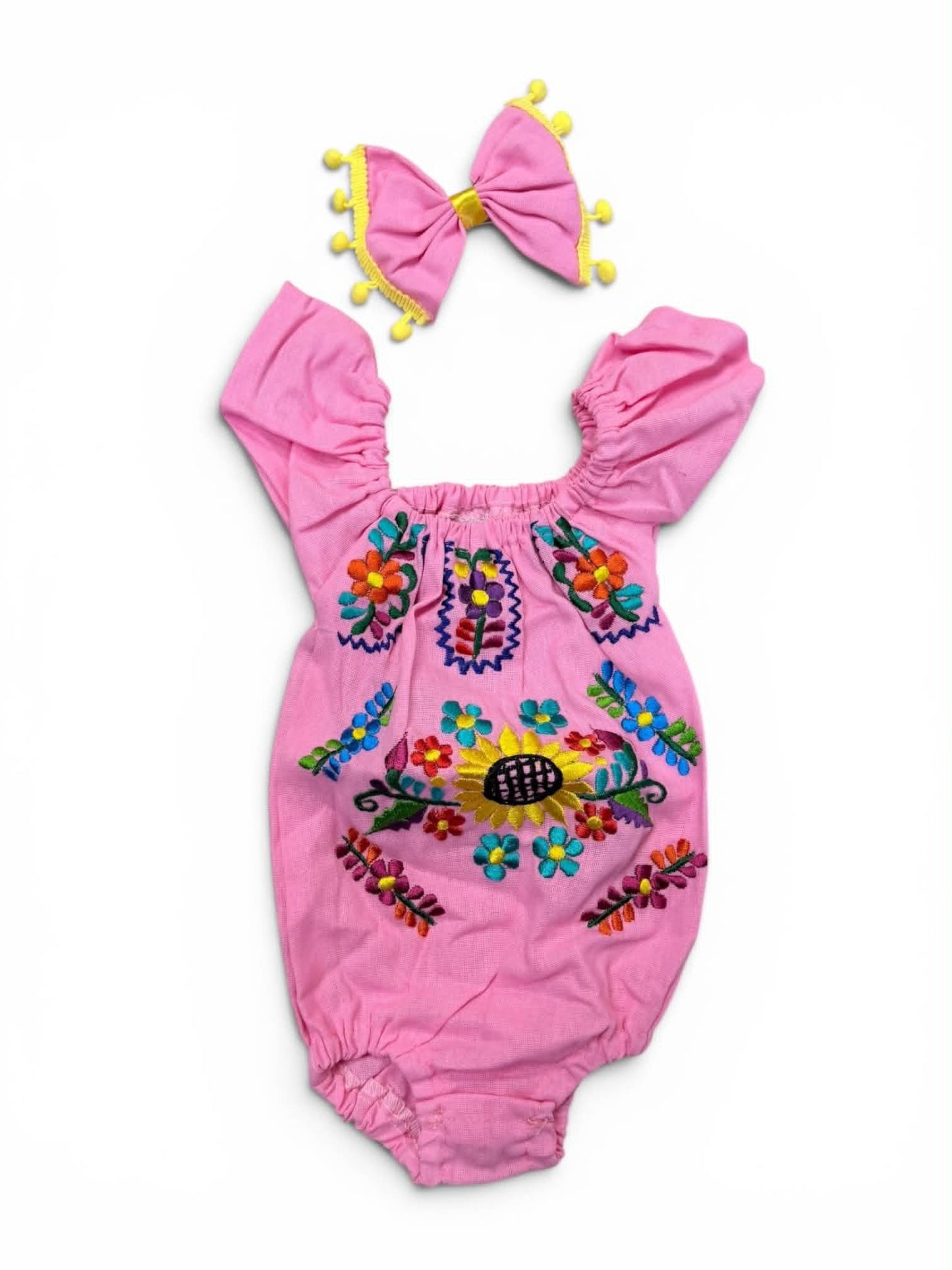 Floral Mexican Embroidered Baby Girl Onesie with Bow set
