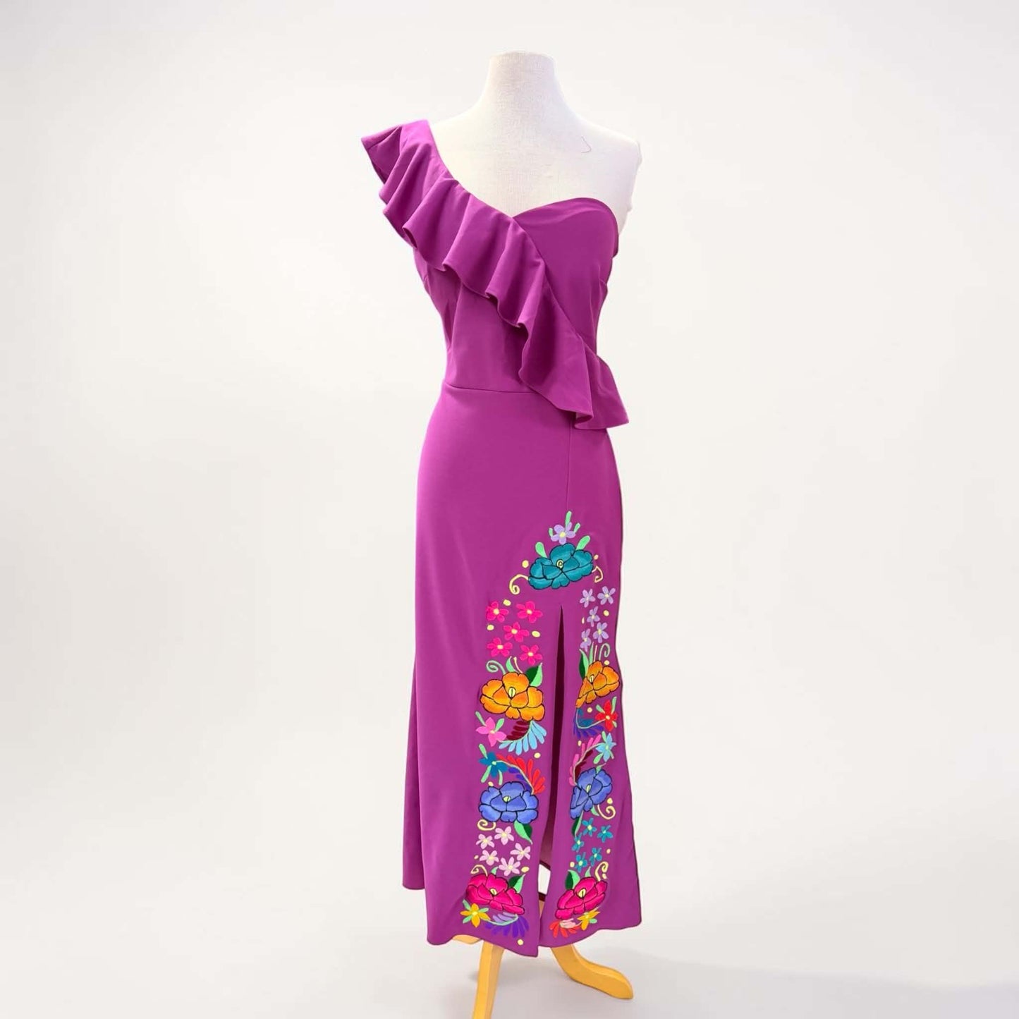 Floral Embroidered One Sleeve, Leg Slit, Elegant Mexican Dress