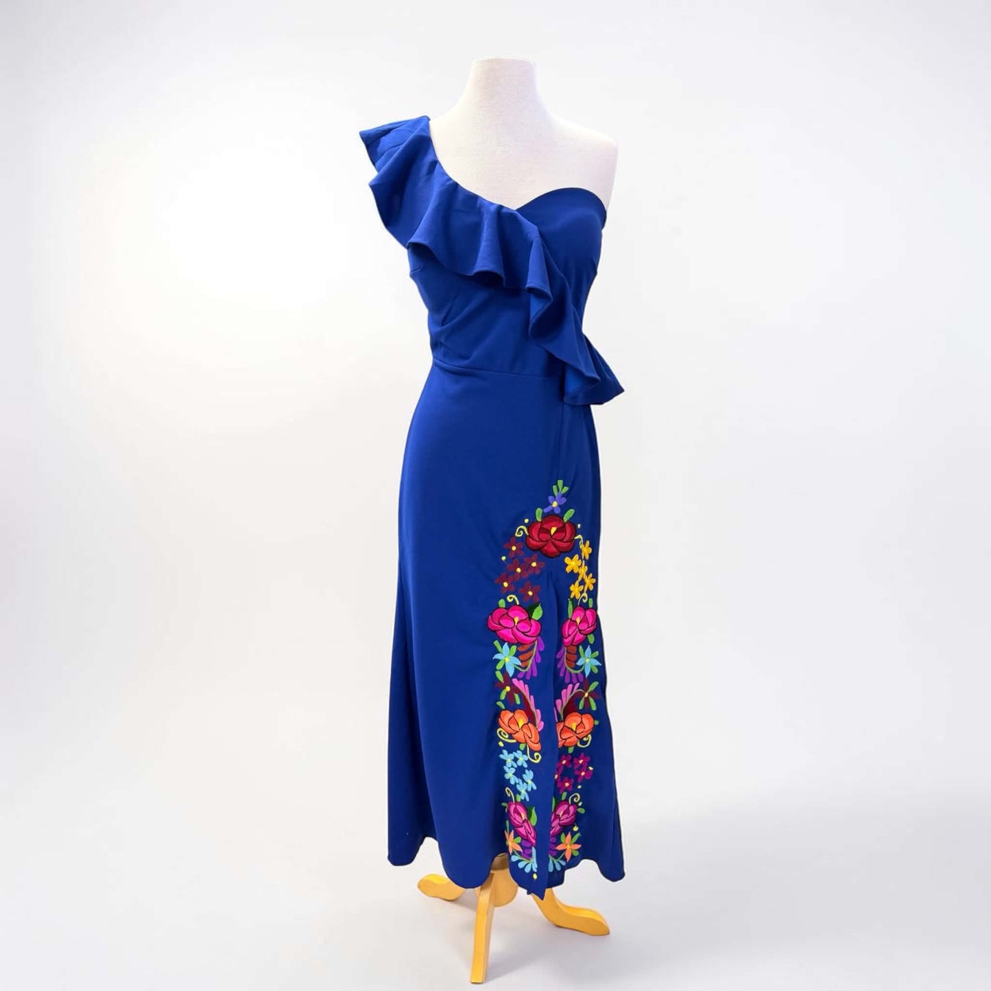Floral Embroidered One Sleeve, Leg Slit, Elegant Mexican Dress