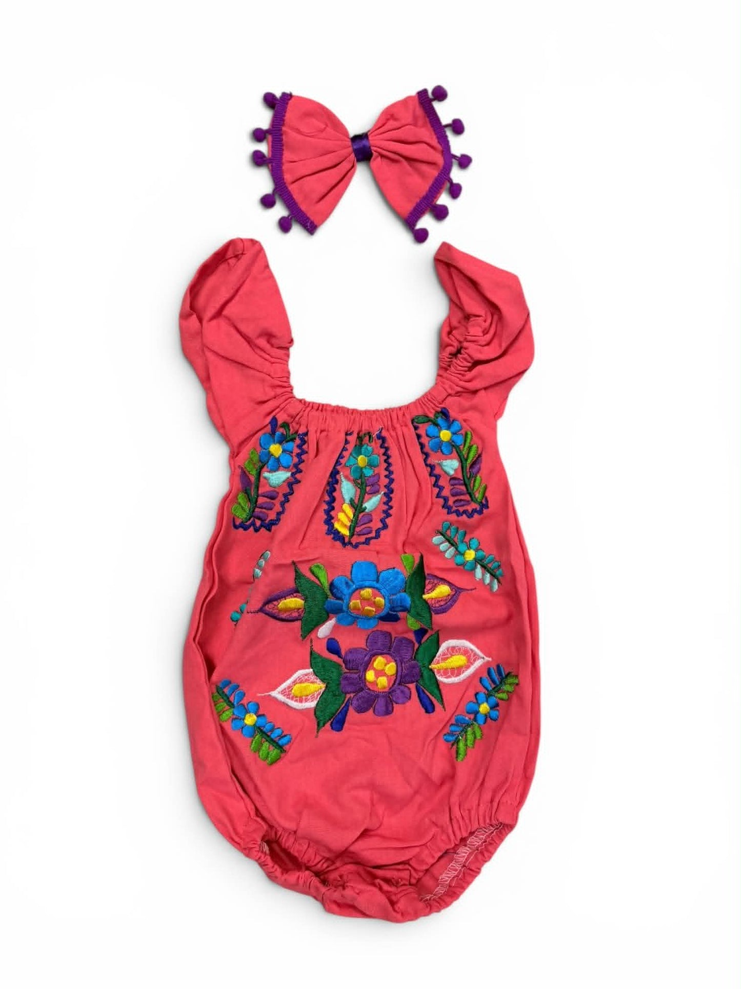 Floral Mexican Embroidered Baby Girl Onesie with Bow set